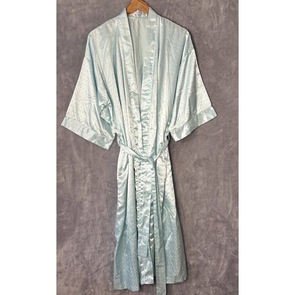 Erika Taylor Robe Women Medium Blue Satin Dobby Dot Wrap Loungewear 13711 VTG